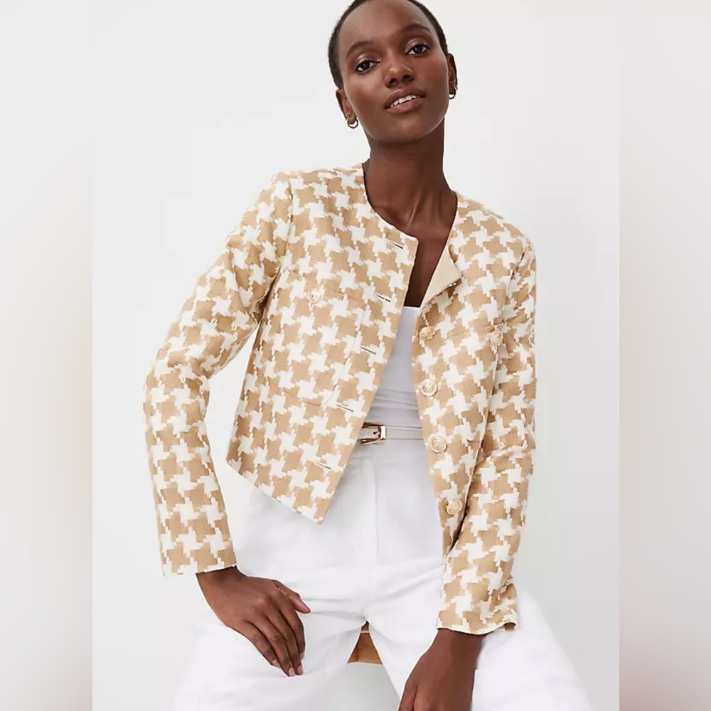 NWOT Ann Taylor Houndstooth Patch Pocket Jacket Blazer in Camel Combo Size 10